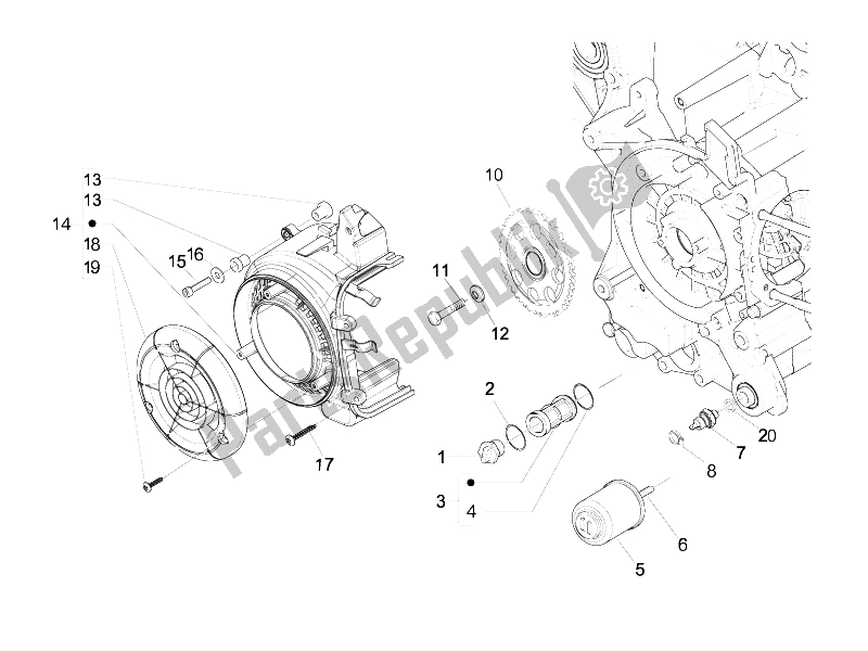 Toutes les pièces pour le Couvercle Magnéto Volant - Filtre à Huile du Vespa LX 125 4T IE E3 Vietnam 2011