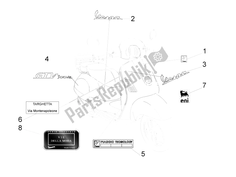 All parts for the Plates - Emblems of the Vespa GTV 300 4T 4V IE 2010