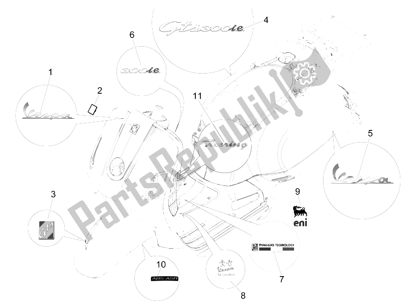 All parts for the Plates - Emblems of the Vespa GTS 300 IE 2012