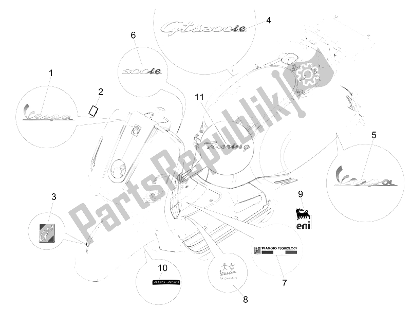 Todas las partes para Placas - Emblemas de Vespa GTS 300 IE 2012