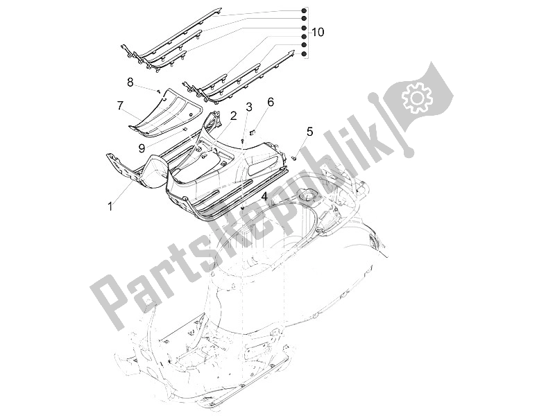 Tutte le parti per il Copertura Centrale - Poggiapiedi del Vespa Vespa GTS 150 4T E4 ABS EU 2016