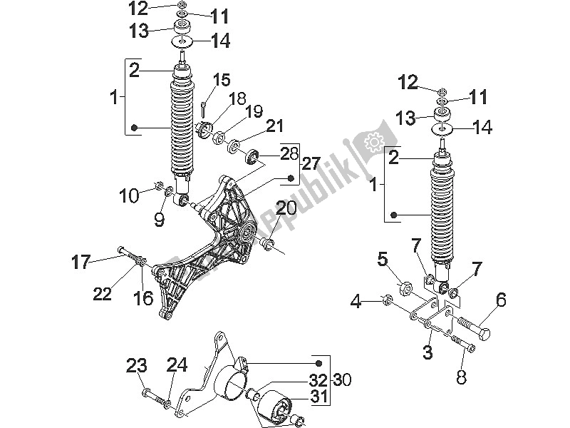 All parts for the Rear Suspension - Shock Absorber/s of the Vespa GTS 250 USA 2005