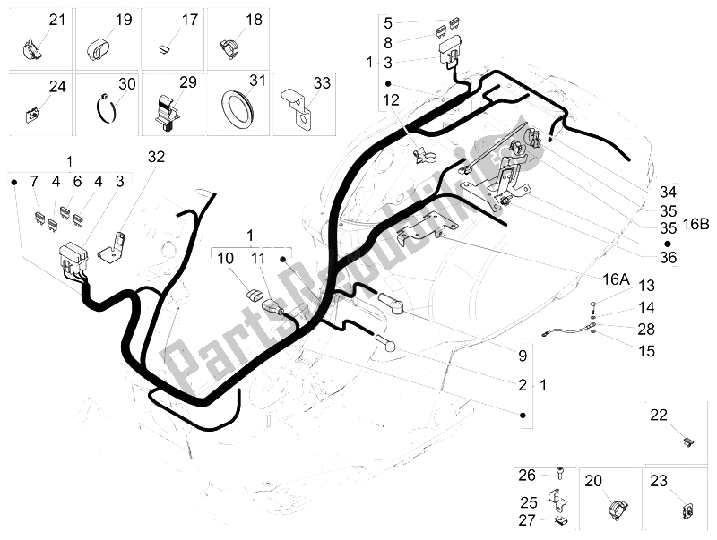 All parts for the Main Cable Harness of the Vespa LX 150 4T 3V IE 2012