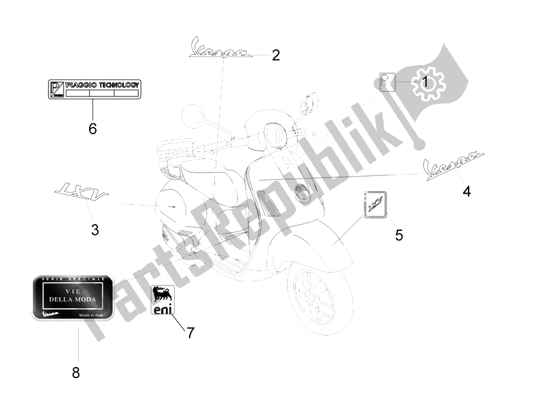 Todas las partes para Placas - Emblemas de Vespa LXV 50 4T 25 KMH 2012