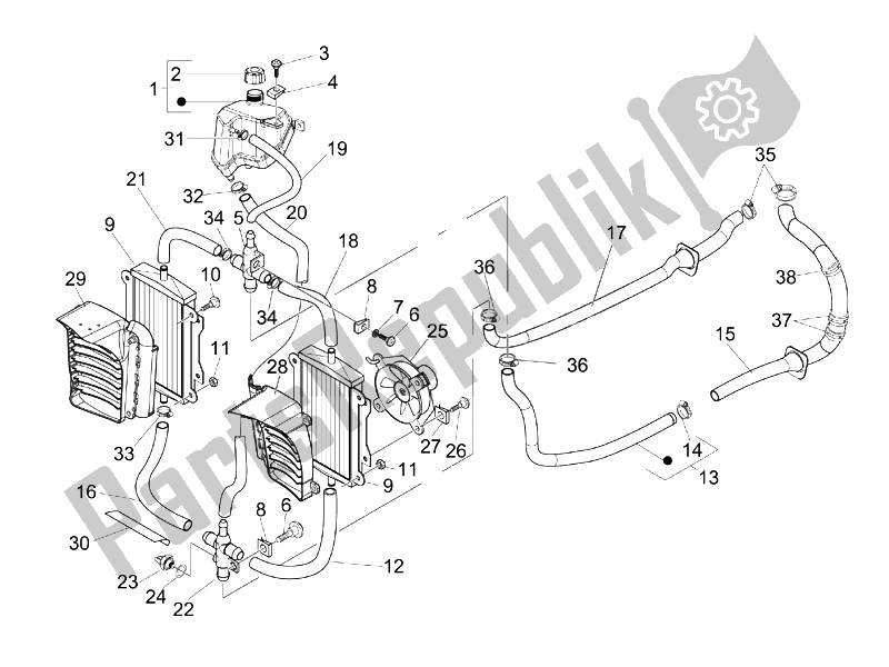 All parts for the Cooling System of the Vespa Granturismo 200 L UK 2005