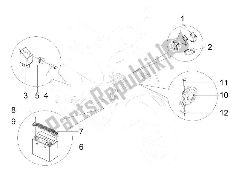 Todas las partes para Interruptores De Control Remoto - Batería - Bocina de Vespa GTS 250 IE China 2011