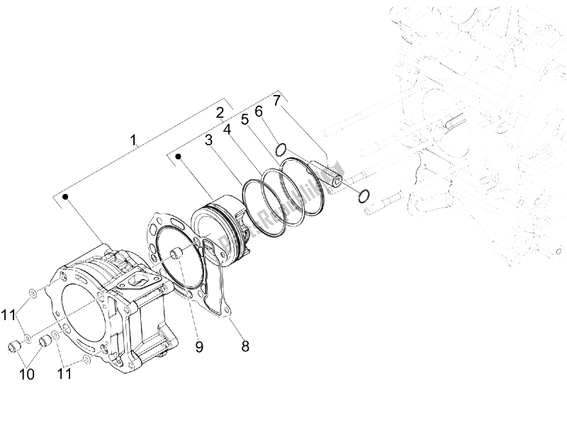 Alle onderdelen voor de Cilinder-zuiger-pols-peneenheid van de Vespa GTS 250 IE China 2011