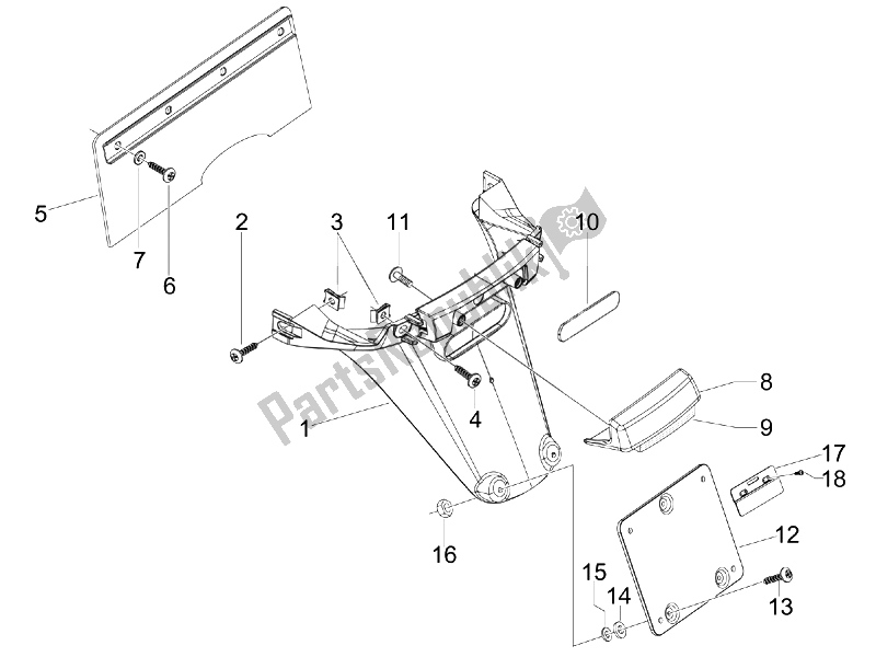 Tutte le parti per il Coperchio Posteriore - Paraspruzzi del Vespa S 125 4T E3 UK 2007