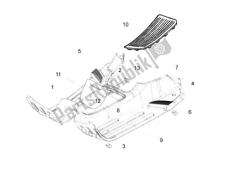 All parts for the Central Cover - Footrests of the Vespa LX 125 4T 2V IE E3 Taiwan 2011