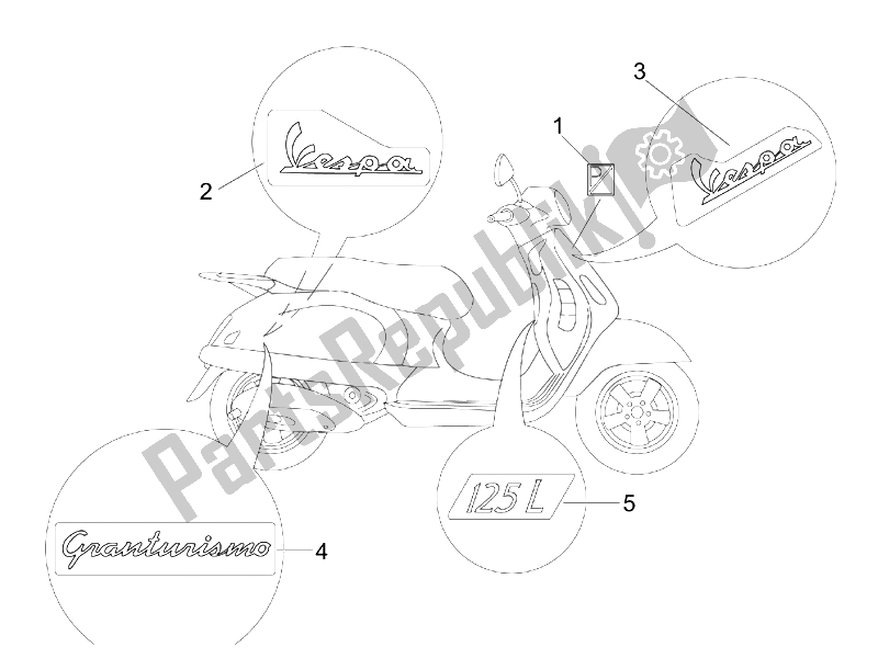 Tutte le parti per il Piatti - Emblemi del Vespa Granturismo 125 L E3 2006