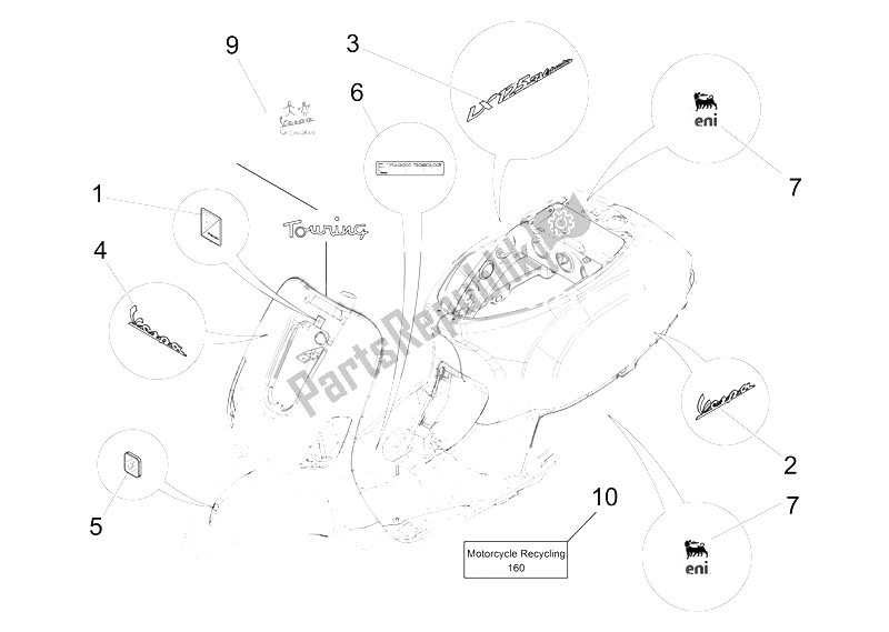 Tutte le parti per il Piatti - Emblemi del Vespa LX 125 4T 3V IE 2012