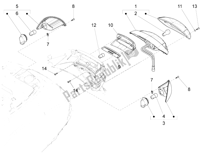 Toutes les pièces pour le Phares Arrière - Clignotants du Vespa LT 150 4T 3V IE 2014