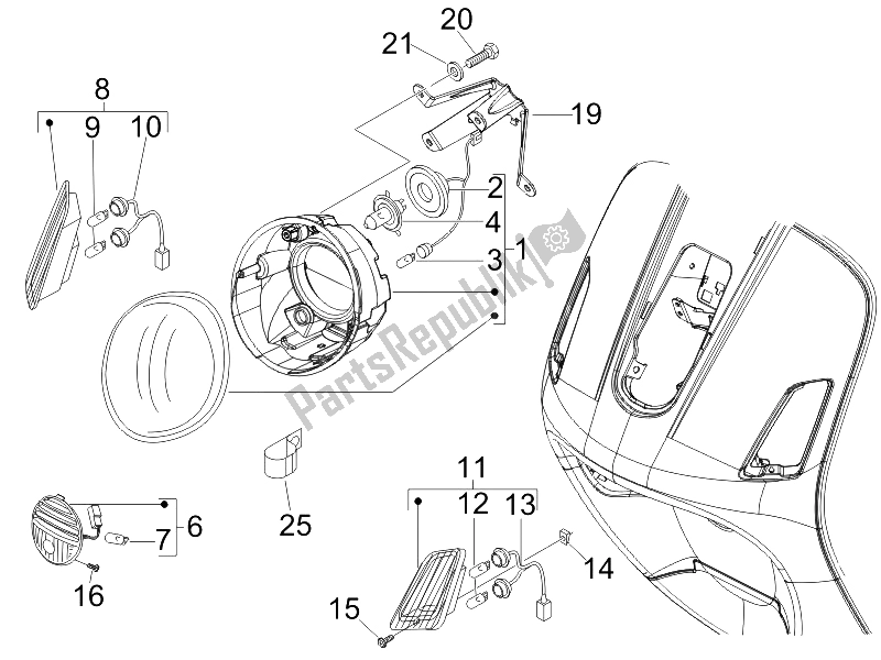 Toutes les pièces pour le Phares Avant - Clignotants du Vespa GTV 125 4T E3 UK 2006