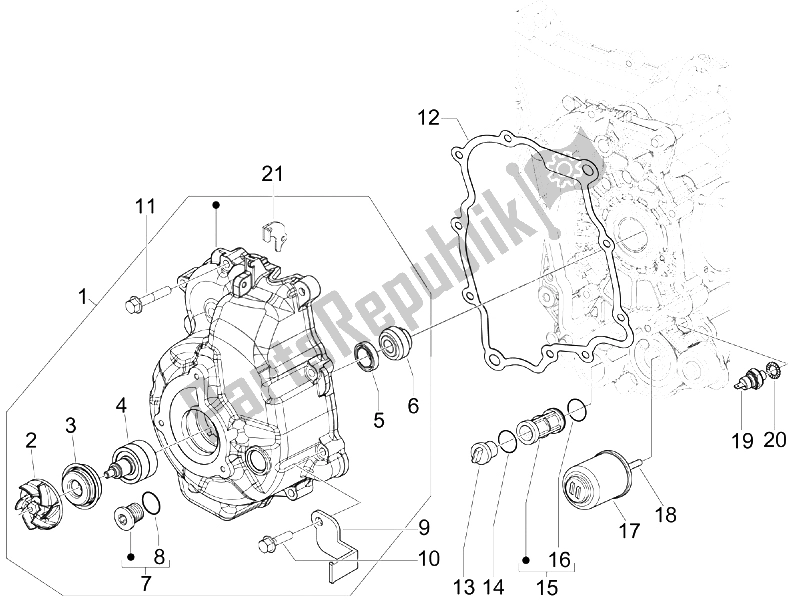 Toutes les pièces pour le Couvercle Magnéto Volant - Filtre à Huile du Vespa GTS 250 IE Super USA 2008