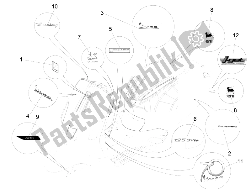 All parts for the Plates - Emblems of the Vespa Vespa 125 4T 3V IE Primavera EU 2014