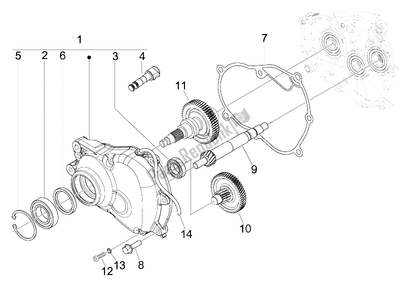 All parts for the Reduction Unit of the Vespa S 150 4T 2V IE E3 College 2009
