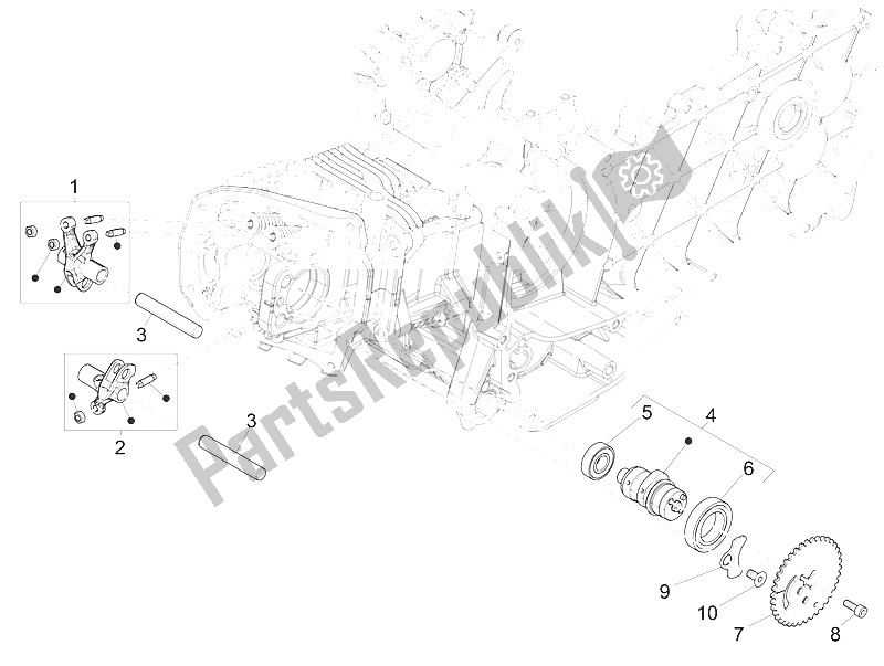 All parts for the Rocking Levers Support Unit of the Vespa Vespa 125 4T 3V I GET IE Primavera Asia 2016