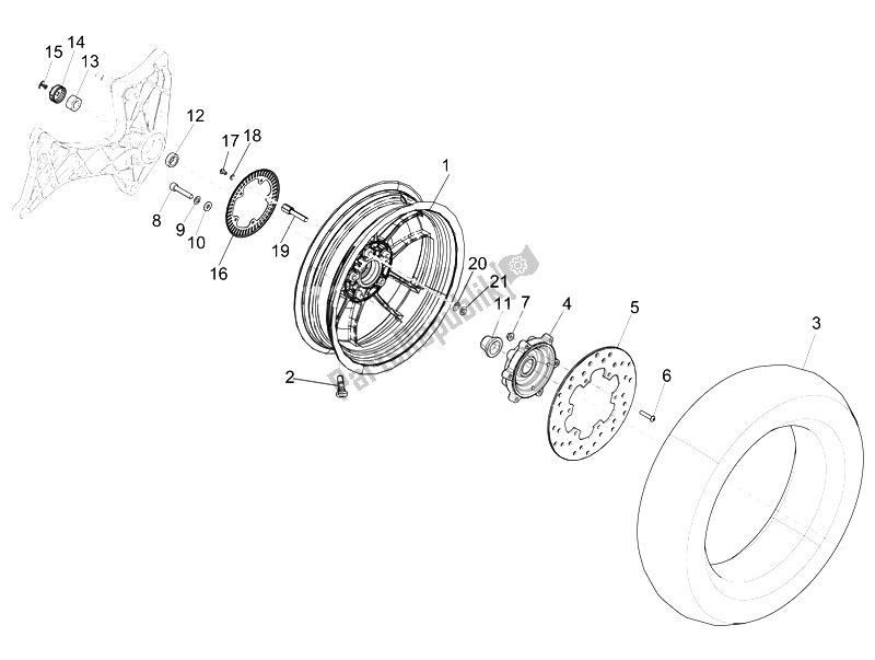 All parts for the Rear Wheel of the Vespa GTS 300 IE ABS China 2014