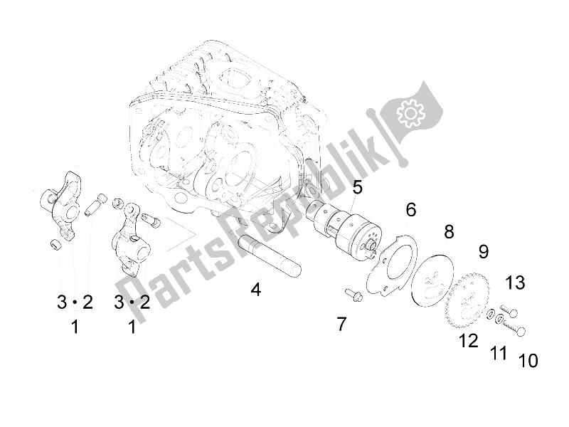 All parts for the Rocking Levers Support Unit of the Vespa LX 125 4T 2V IE E3 Taiwan 2011