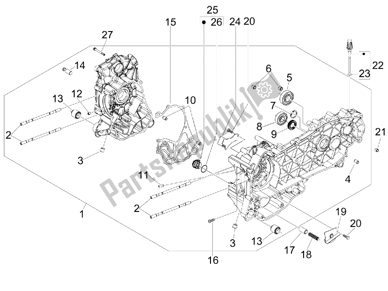 All parts for the Crankcase of the Vespa GTS 300 IE USA 2009