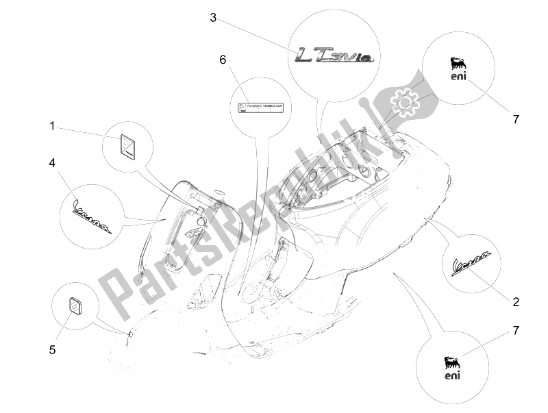 Tutte le parti per il Piatti - Emblemi del Vespa LT 150 4T 3V IE 2014