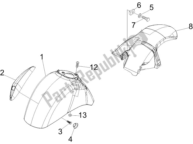 All parts for the Wheel Huosing - Mudguard of the Vespa GTS 250 UK 2005