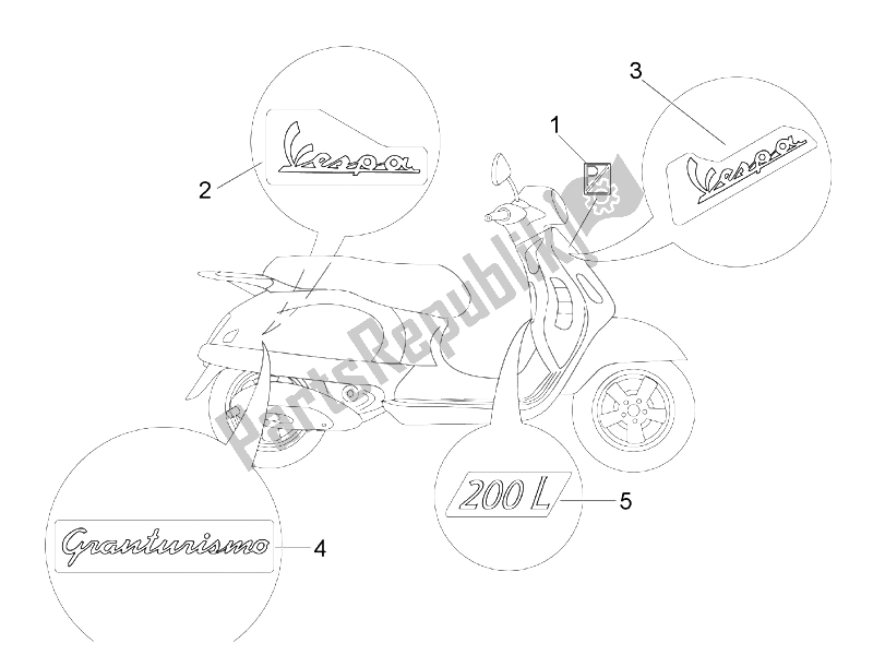 Toutes les pièces pour le Plaques - Emblèmes du Vespa Granturismo 200 L UK 2005