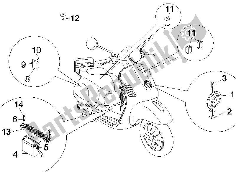 Tutte le parti per il Interruttori Del Telecomando - Batteria - Avvisatore Acustico del Vespa GTS 250 ABS UK 2005