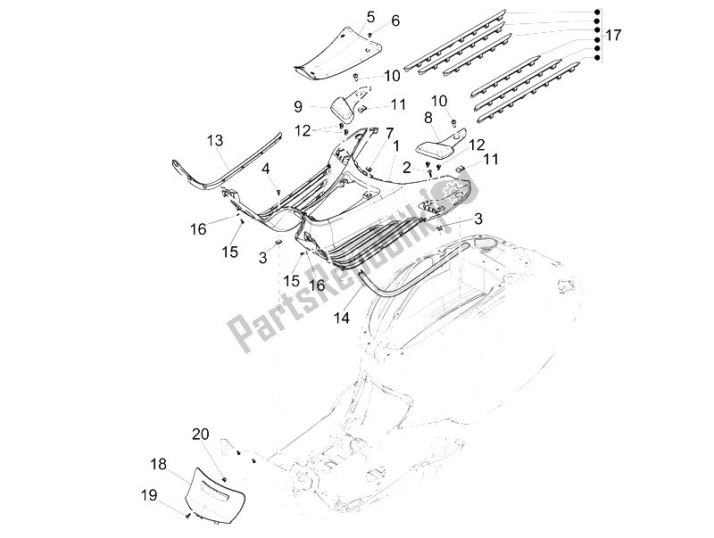 Tutte le parti per il Copertura Centrale - Poggiapiedi del Vespa 150 Sprint 4T 3V IE China 2015