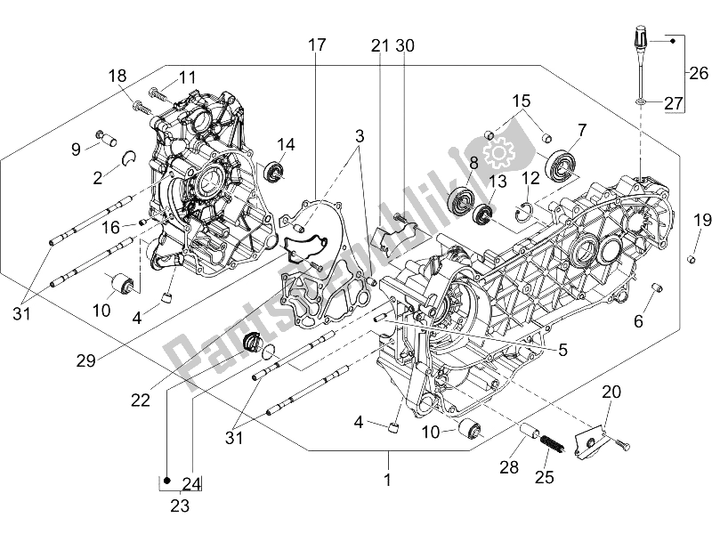 All parts for the Crankcase of the Vespa LX 125 4T E3 2009