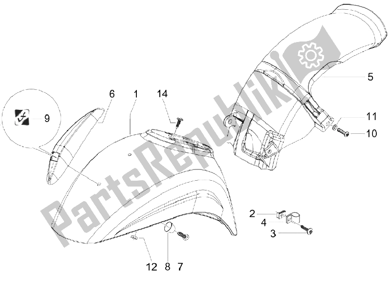 All parts for the Wheel Huosing - Mudguard of the Vespa LX 150 4T IE E3 Vietnam 2011