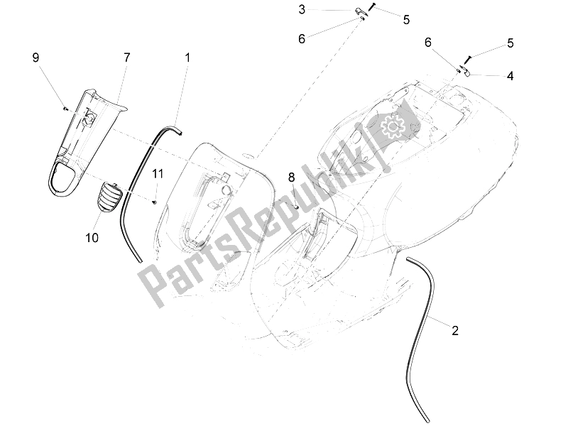 All parts for the Front Shield of the Vespa LX 125 4T 3V IE 2012