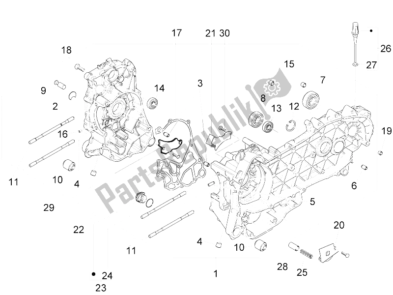 All parts for the Crankcase of the Vespa LXV 150 USA 2011