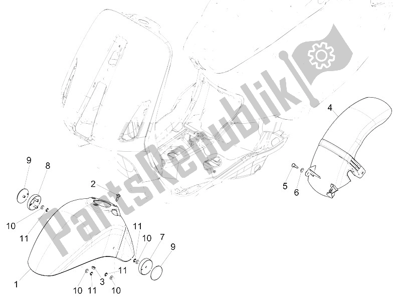 All parts for the Wheel Huosing - Mudguard of the Vespa Vespa Sprint 150 4T 3V Iget E4 ABS USA Canada 2016