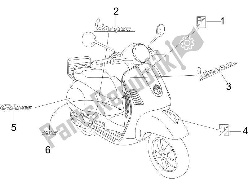 Toutes les pièces pour le Plaques - Emblèmes du Vespa GTS 125 4T E3 2007