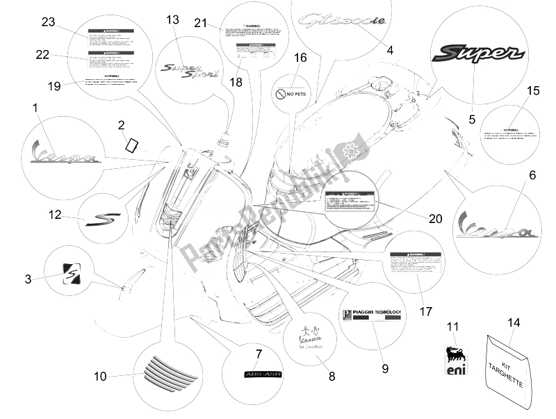 Todas as partes de Placas - Emblemas do Vespa GTS 300 IE Super ABS USA 2014