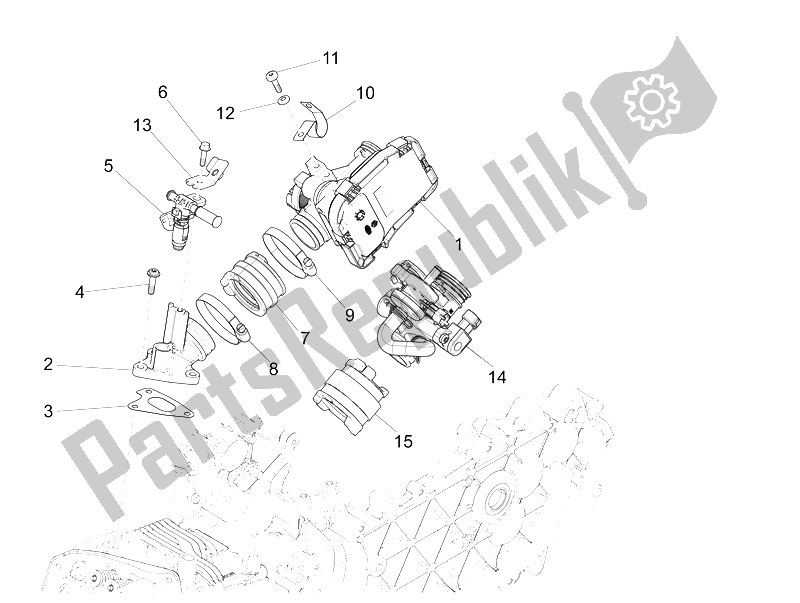 Alle onderdelen voor de Gasklephuis - Injector - Verbindingspijp van de Vespa LX 125 4T 3V IE 2012