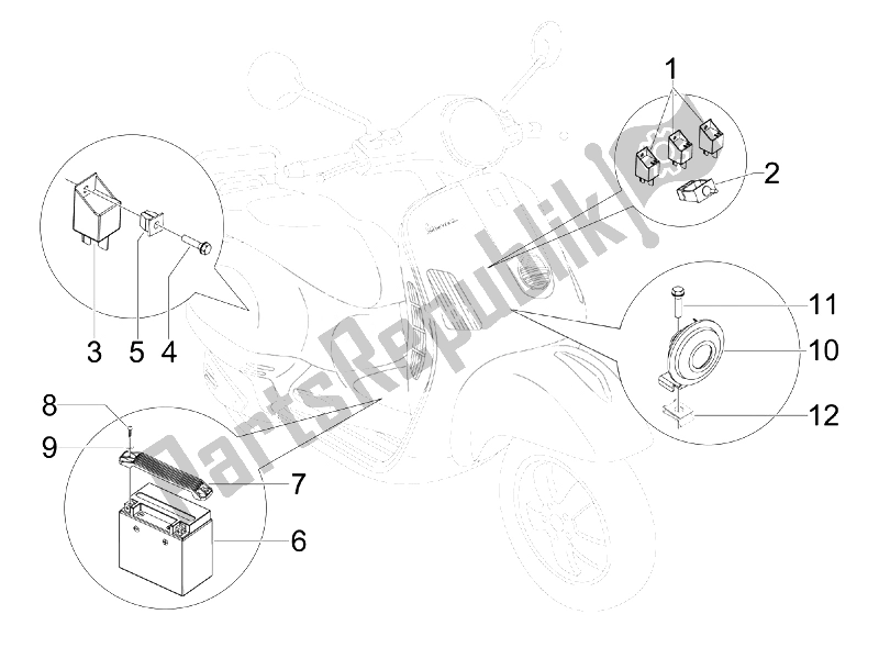 Todas las partes para Interruptores De Control Remoto - Batería - Bocina de Vespa GTS 300 IE Super Sport 2010