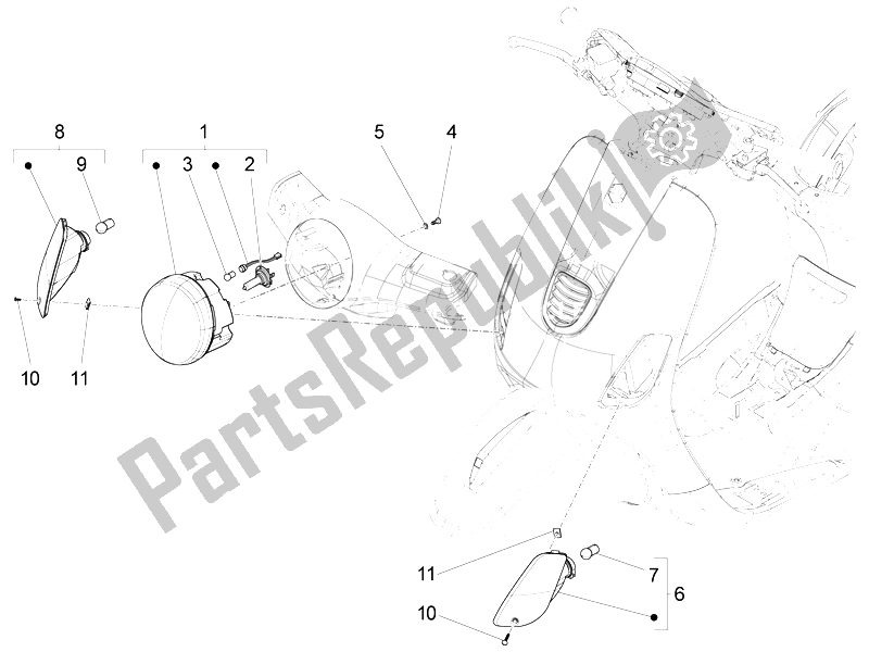 Toutes les pièces pour le Phares Avant - Clignotants du Vespa LT 150 4T 3V IE 2014