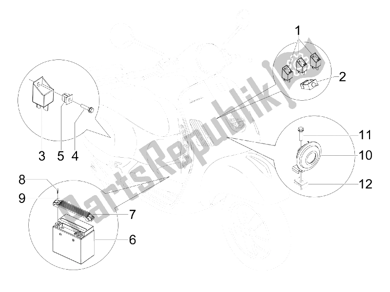 Todas las partes para Interruptores De Control Remoto - Batería - Bocina de Vespa GTS 300 IE Super USA 2009