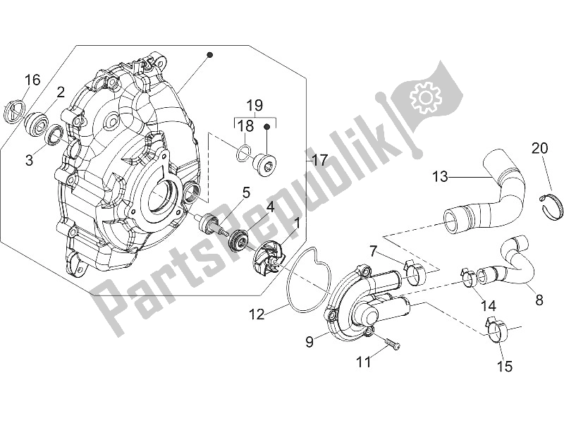 All parts for the Cooler Pump of the Vespa GTS 250 USA 2005