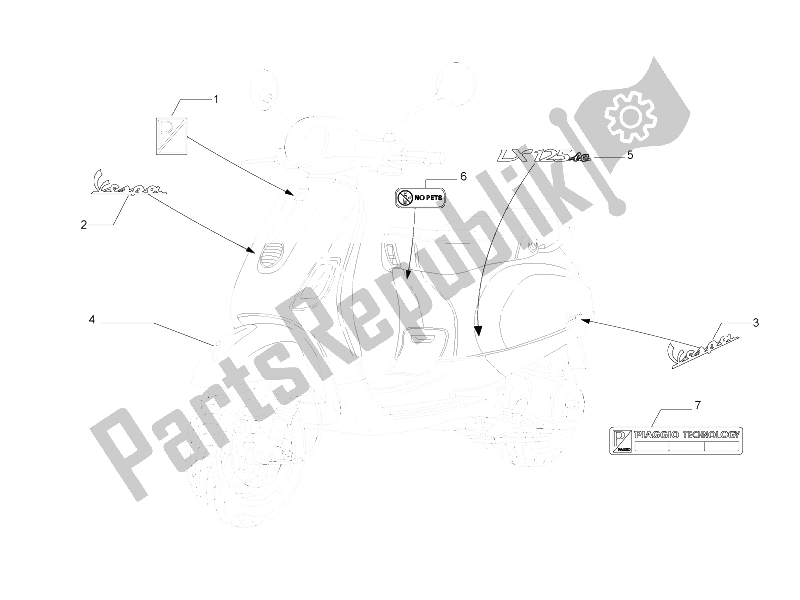 All parts for the Plates - Emblems of the Vespa LX 125 4T 2V IE E3 Taiwan 2011
