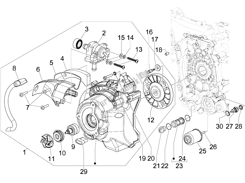 Toutes les pièces pour le Couvercle Magnéto Volant - Filtre à Huile du Vespa GTV 125 4T Navy E3 2007