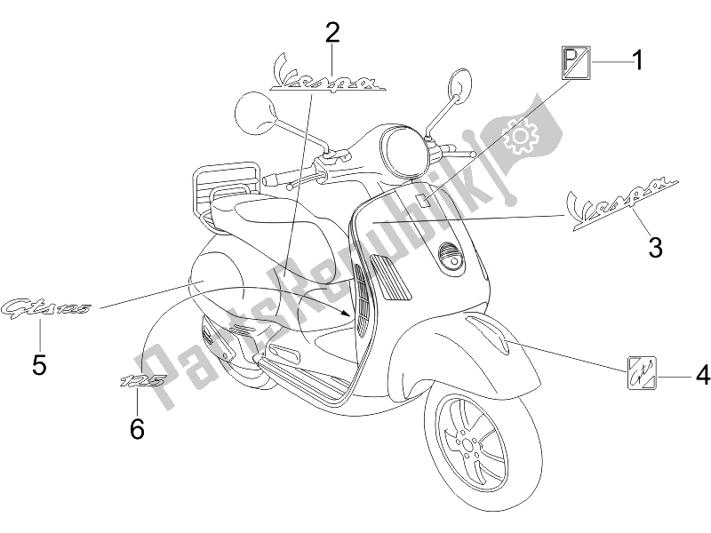 All parts for the Plates - Emblems of the Vespa GTS 125 4T E3 UK 2007