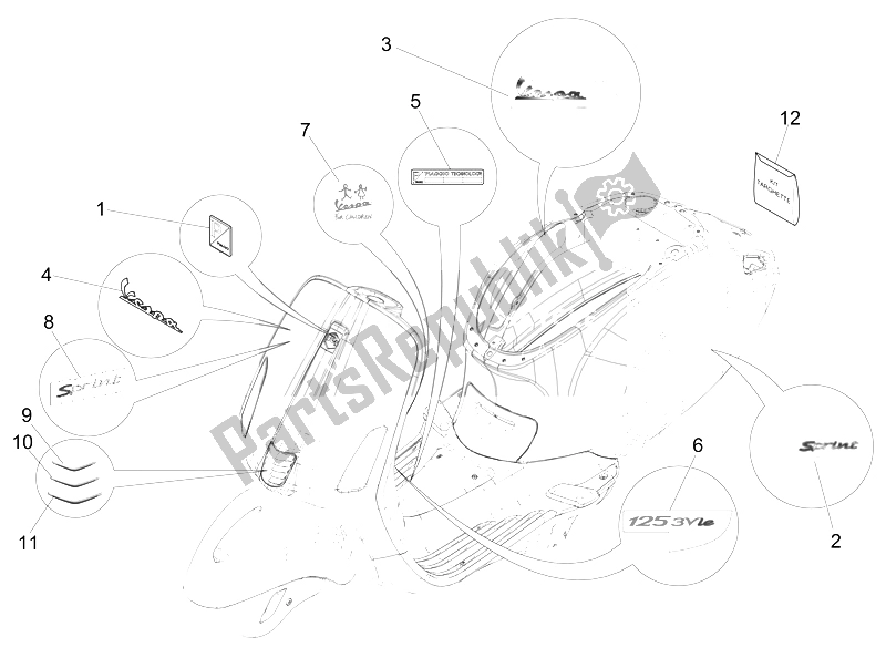 Toutes les pièces pour le Plaques - Emblèmes du Vespa Sprint 125 4T 3V IE Vietnam 2014