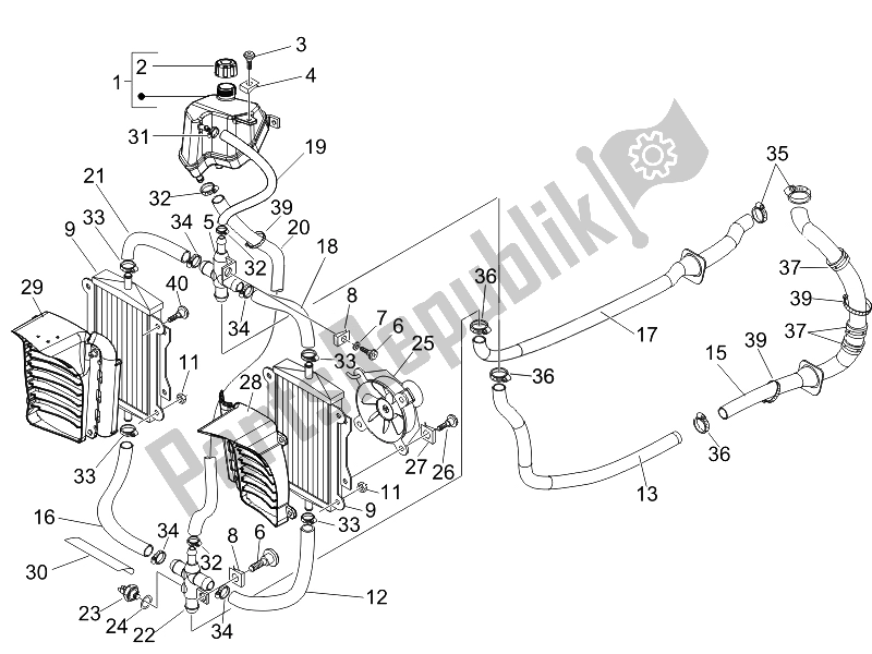 All parts for the Cooling System of the Vespa GTS 125 4T E3 UK 2007