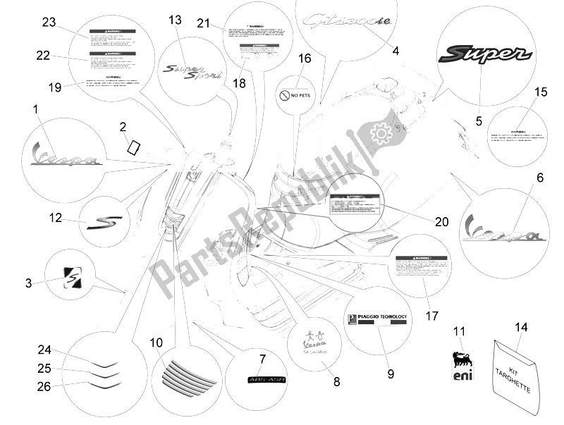 All parts for the Plates - Emblems of the Vespa Vespa GTS 300 IE Super ABS USA 2014