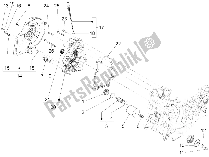 All parts for the Flywheel Magneto Cover - Oil Filter of the Vespa S 150 4T 3V IE Vietnam 2012
