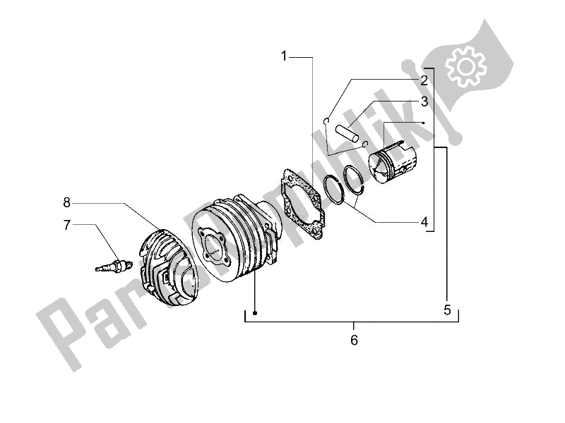 Alle onderdelen voor de Cilinder-zuiger-pols-peneenheid van de Vespa PX 125 30 Anni 2007