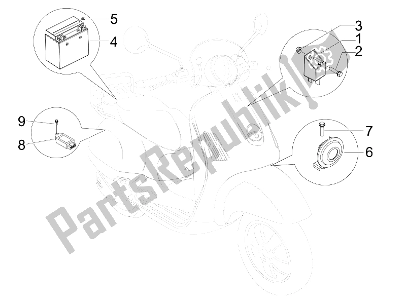 Tutte le parti per il Interruttori Del Telecomando - Batteria - Avvisatore Acustico del Vespa LXV 50 2T Navy 2007